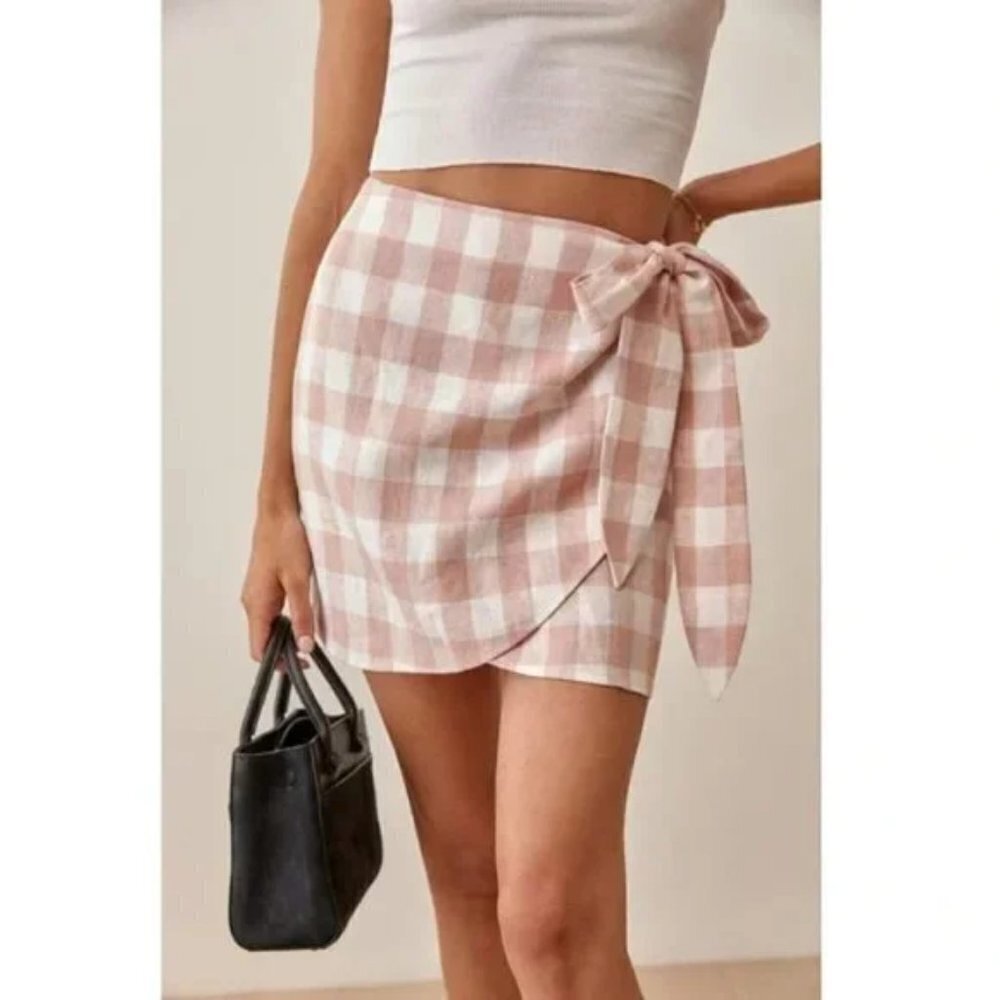 Reformation Side Tie Check Linen Wrap Mini Skirt Size M